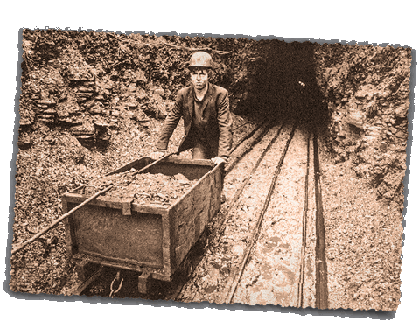 Miner pushing cart out of tunnel
